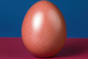 Close up of a speckled brown egg on a red and blue background photo