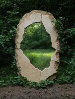 Stone frame with a view of a lush green forest photo