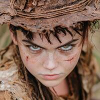 Intense gaze of a young warrior, fierce expression, dirt and grime, battle scars photo