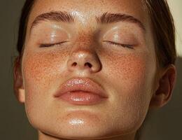 A womans face with freckles and glowing skin photo