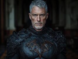 A man in dark armor stands with a serious expression photo