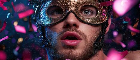 Man in mask celebrating with confetti photo