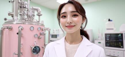 Smiling scientist in lab coat in front of pink laboratory equipment photo