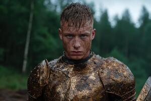 Mud splattered knight in armor stares intensely photo