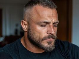 Close up portrait of a pensive man with a beard photo