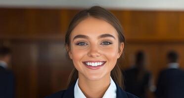 Smiling businesswoman in a corporate setting photo