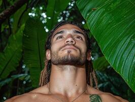 Man with dreadlocks looking up in a lush forest photo