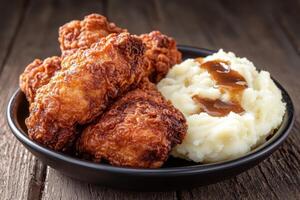Crispy fried chicken with creamy mashed potatoes and gravy photo