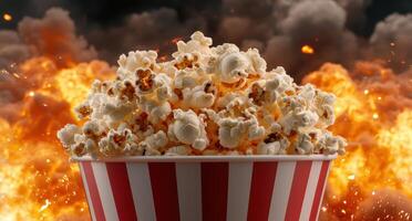 Popcorn in a red and white striped bucket against a fiery explosion background photo