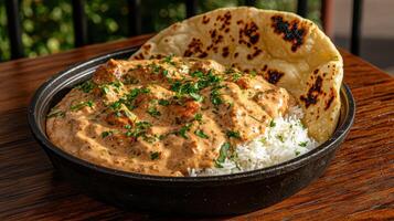 tasty butter chicken with rice and naan bread. photo