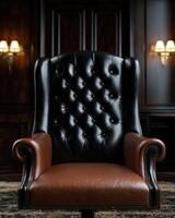 Luxurious brown and black leather executive chair in a classic office setting photo