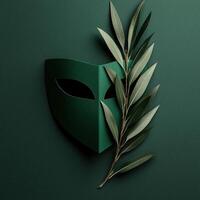 Green masquerade mask with olive branch photo