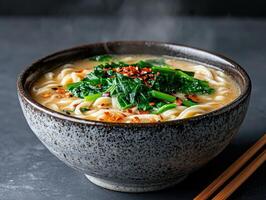 Steaming bowl of udon noodle soup with spinach photo