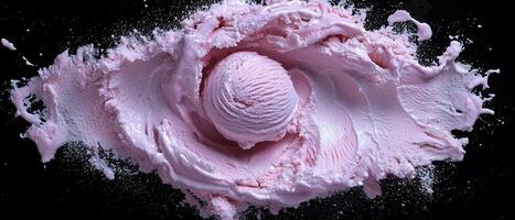 Pink ice cream explosion on black background. photo