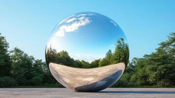 Giant reflective sphere in a park reflecting the sky and trees photo