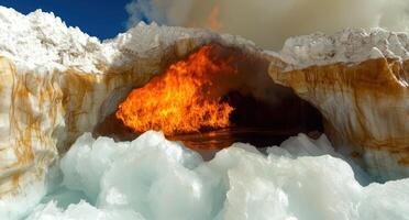 Fiery flames erupt from an ice cave, a surreal contrast of fire and ice photo