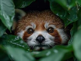 Red panda peeking through lush green leaves photo