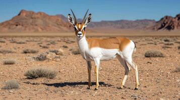 A graceful gazelle stands in the desert, its coat blending with the sand and rocks photo