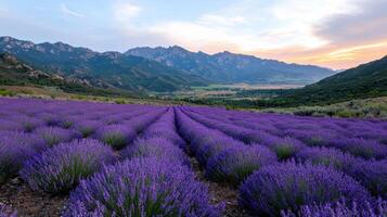Rows of purple lavender flowers in a field with mountains in the background photo