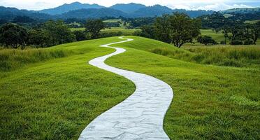 Winding path through a grassy field leading to mountains. photo