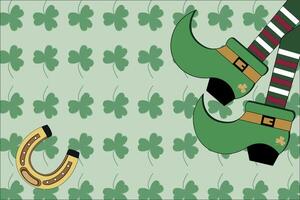 Fun design of shamrocks with horseshoe and leprechaun legs vector