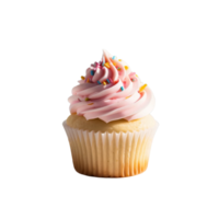 A cupcake with pink frosting on top is shown png