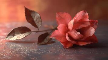 A red rose is laying on a table photo