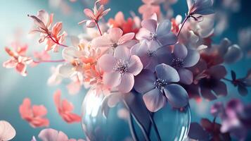 A vase of flowers with a blue background photo