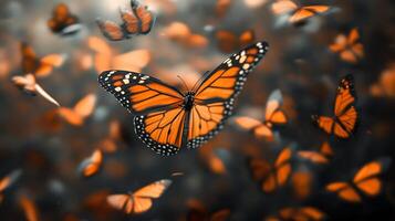 A butterfly is flying in front of a bunch of other butterflies photo