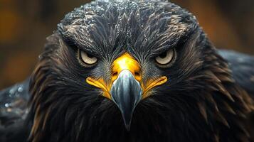 A close up of a large eagle's face with its eyes open and its mouth wide photo