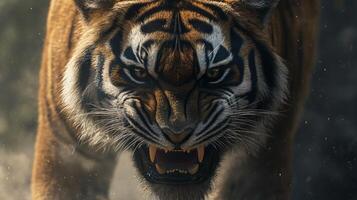A tiger is shown with its mouth open and teeth bared, looking angry photo