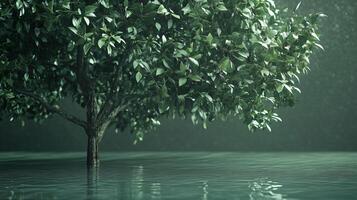 A tree is surrounded by water, with the water reflecting the tree and the sky photo