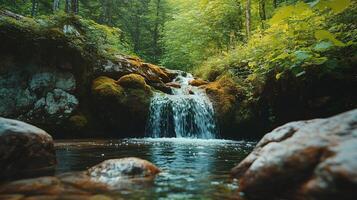 A small stream of water flows through a forest photo