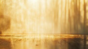 A room with a wooden floor and a wall with a gold color photo