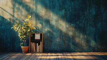 A potted plant sits on a shelf next to a box of books photo