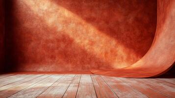 A room with a red wall and wooden floor backdrop photo