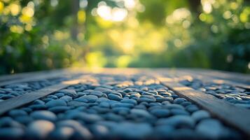A view of a path with a bench and a stone walkway photo