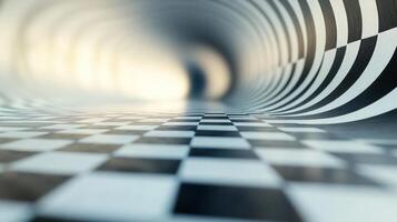 A black and white checkered floor with a tunnel in the background photo