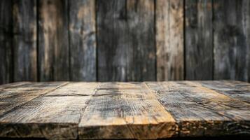 An empty wooden table in front of a wooden wall photo