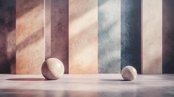 Two round stones are placed in front of a wall with a striped pattern photo