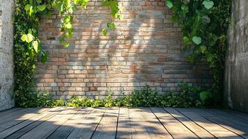 A brick wall with green vines growing on it photo