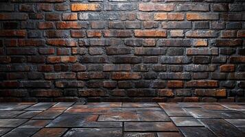 An empty room with a brick wall and floor photo