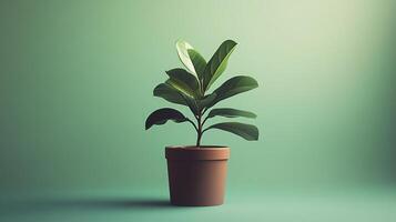 A small plant is in a brown pot on a green background photo