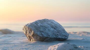A large rock sits on a beach, with the ocean in the background photo