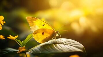 A yellow butterfly is sitting on a leaf photo