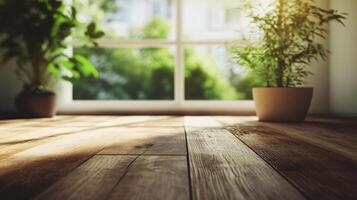 Wooden floor with potted plant in front of window photo