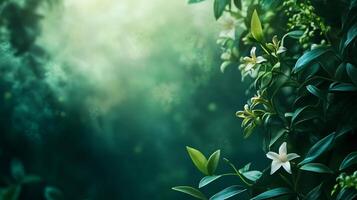 A lush green forest with a bright blue sky in the background photo