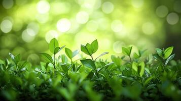 A lush green field with many leaves and a bright green background photo