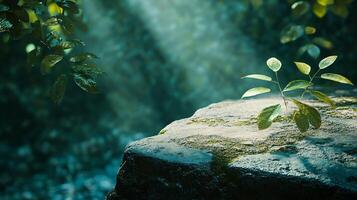 A rock with a leaf on it is in the foreground of a forest photo
