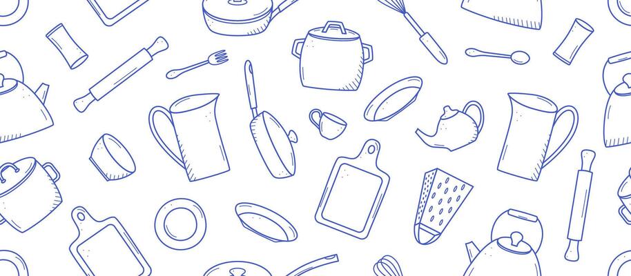 Seamless pattern of Kitchen tools and tableware doodle icon. illustration set of elements cook. Background wallpaper.